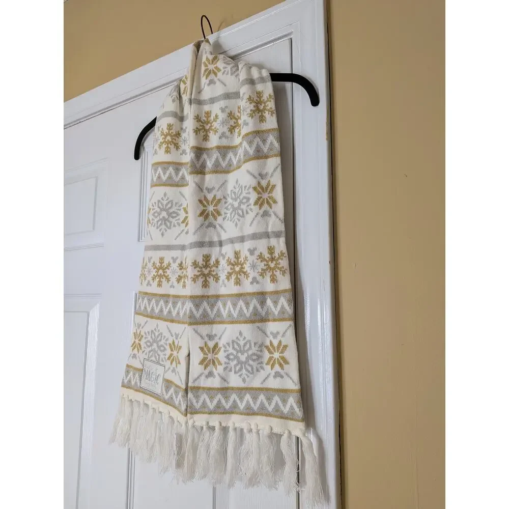 Disney Winter Magic Snowflake Knit Scarf NWT Cream Gold Fringe Winter Scarf